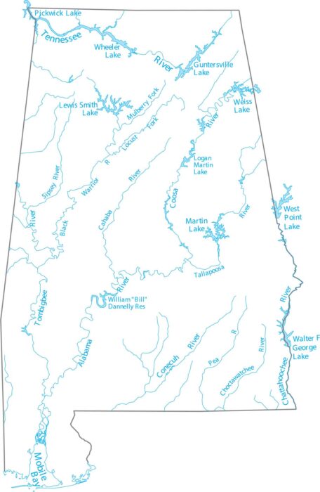 Alabama Lakes and Rivers Map