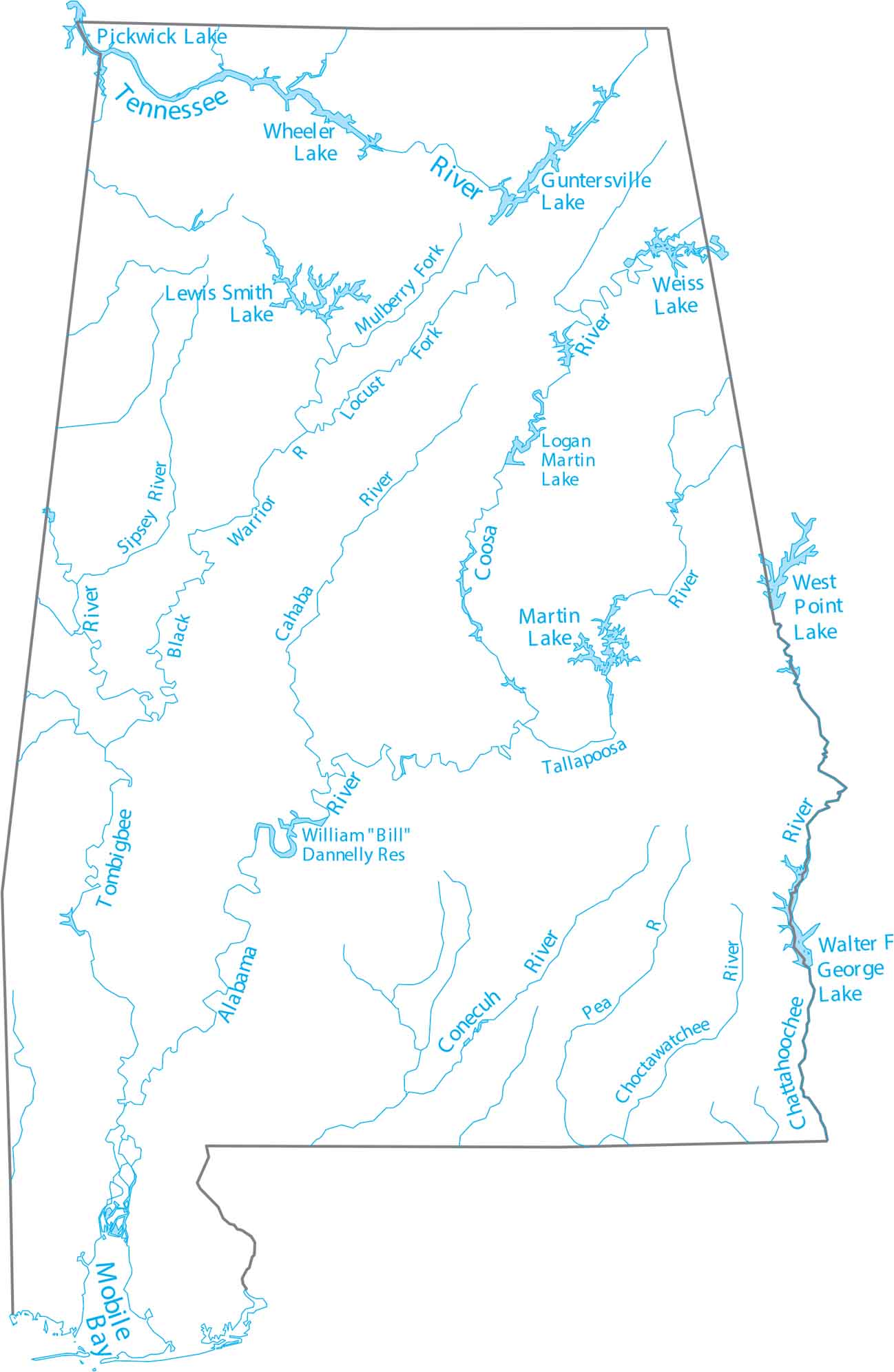 Alabama Lakes and Rivers Map
