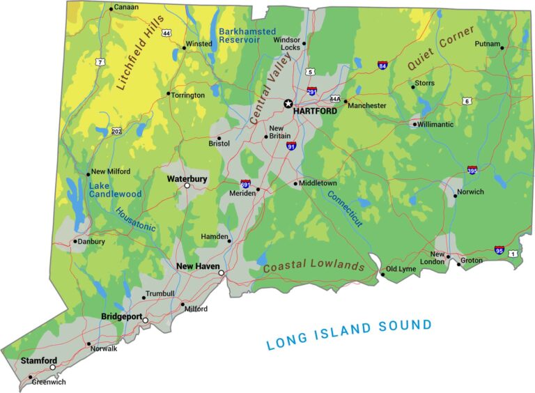 Map Of Connecticut US Maps Connecticut Physical Map 768x564 