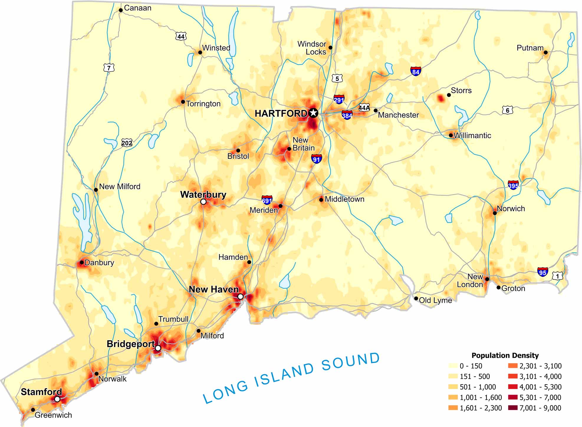 Connecticut Population Density Map