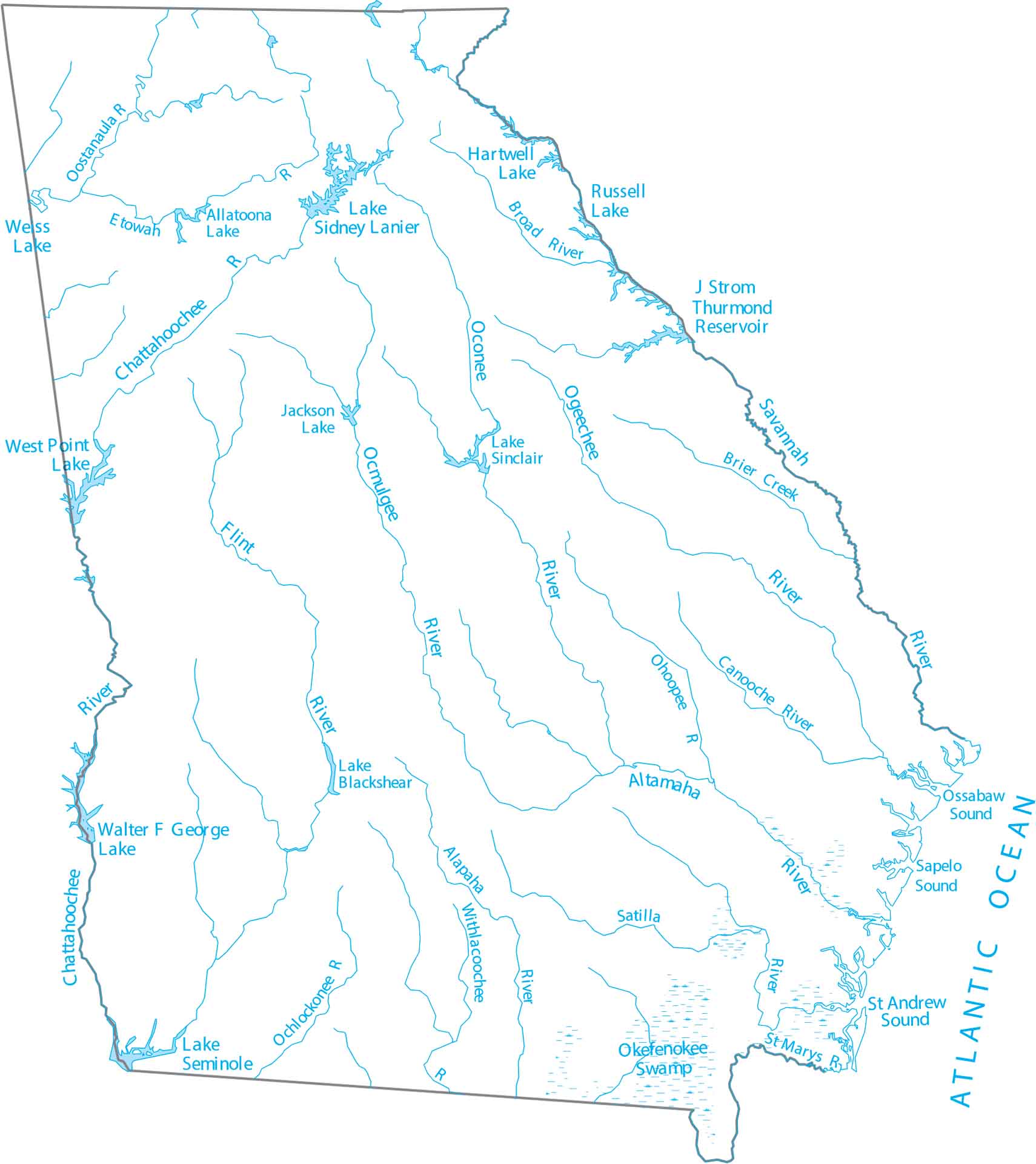Georgia Lakes and Rivers Map