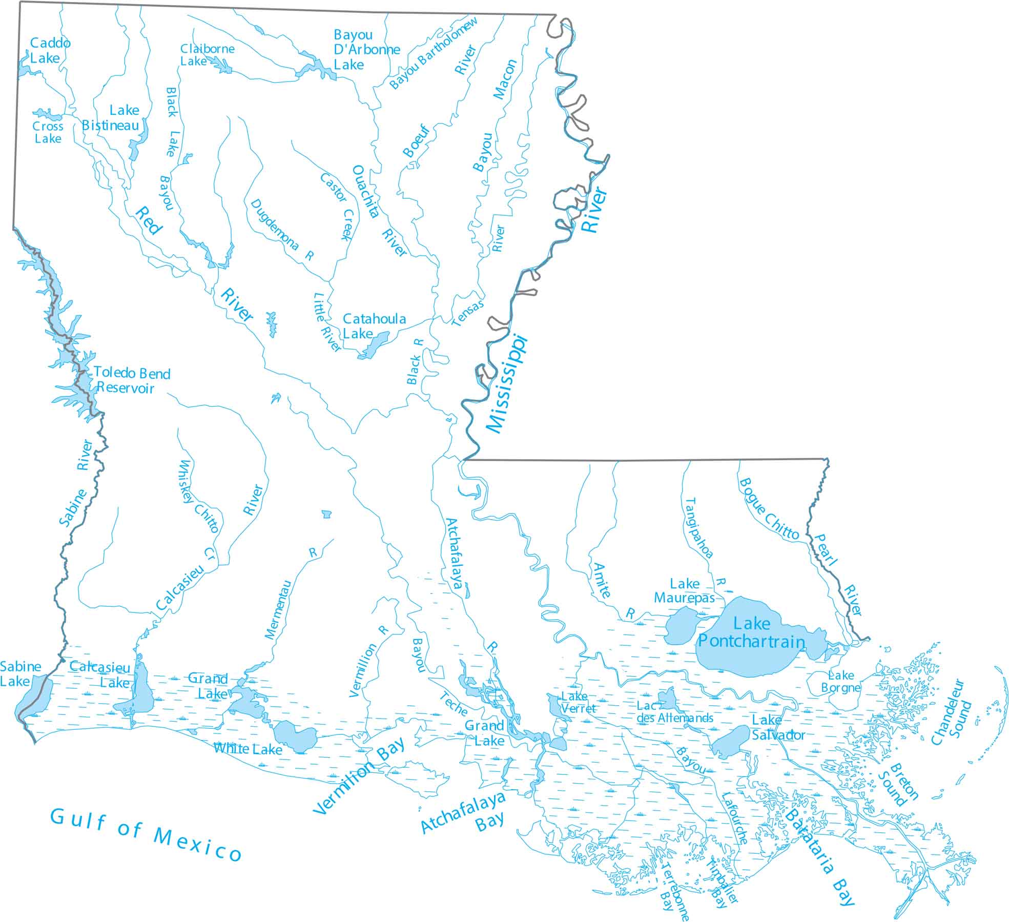 Louisiana Lakes and Rivers Map