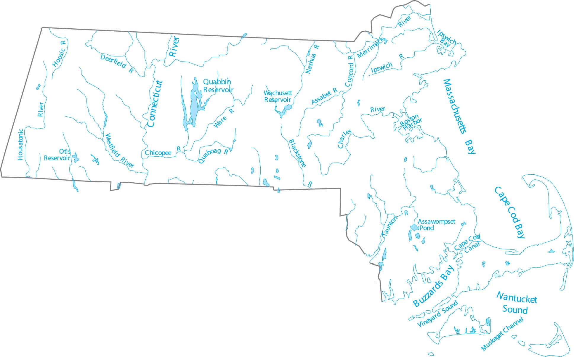 Massachusetts Lakes and Rivers Map