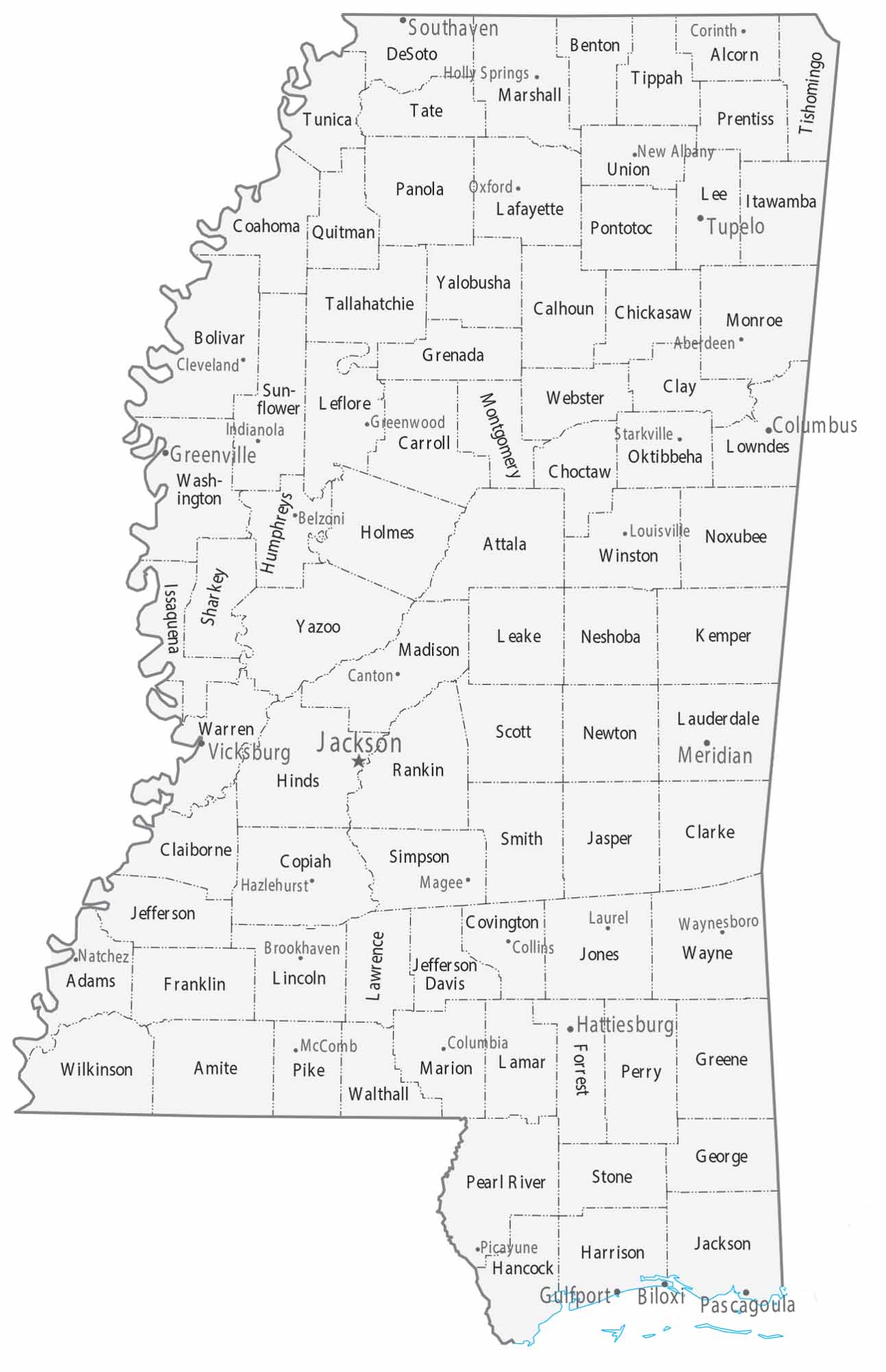Mississippi Counties Cities Map