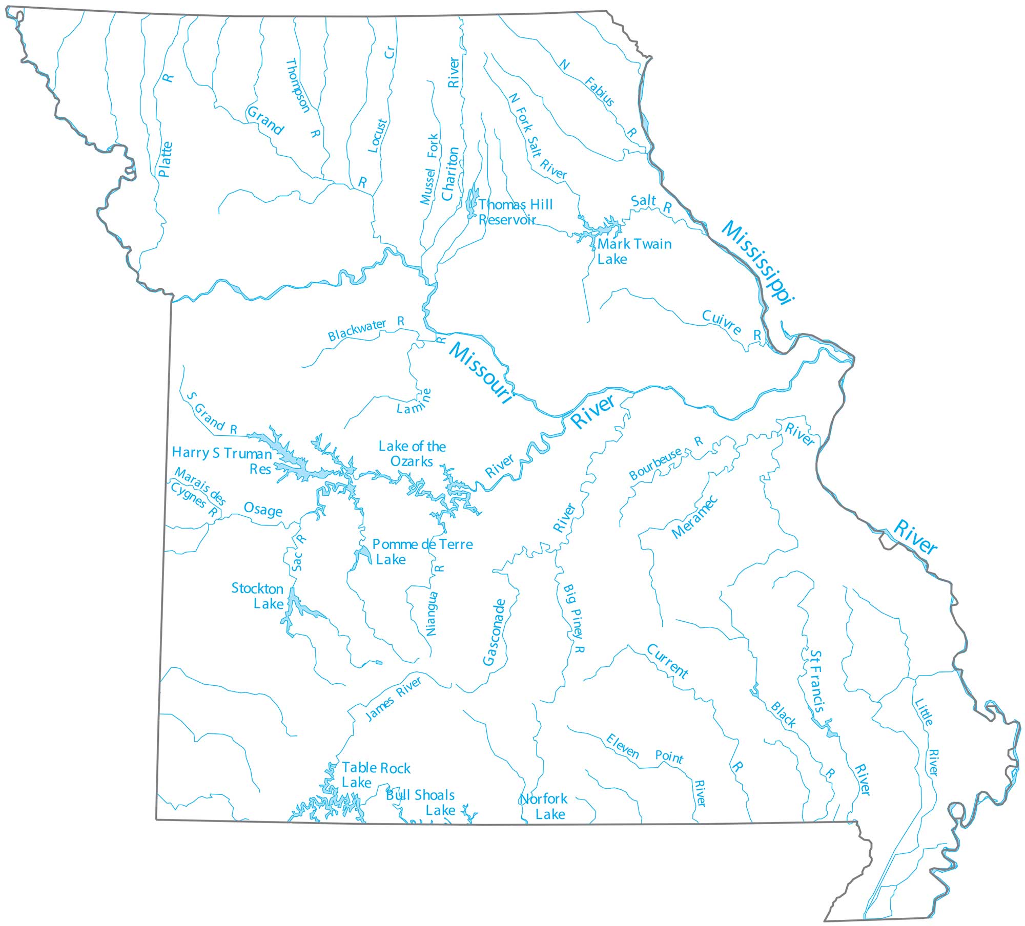 Missouri Lakes and Rivers Map