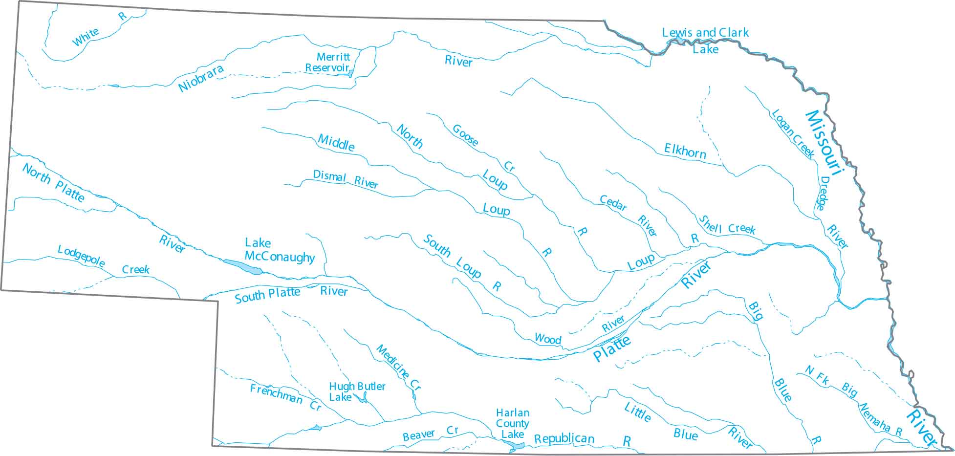 Nebraska Lakes and Rivers Map