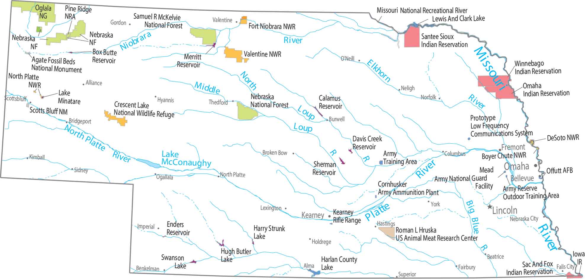 Nebraska National Parks and Forests Map