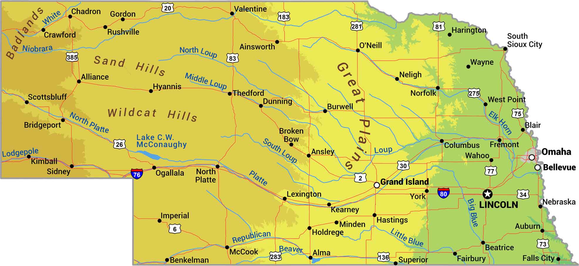 Nebraska Physical Map
