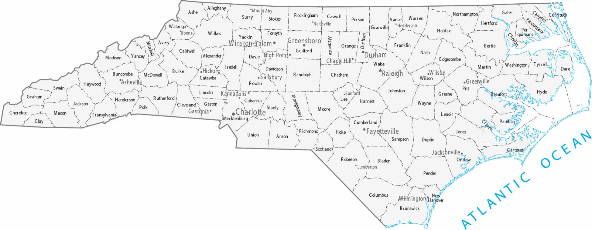 North Carolina Counties Cities Map