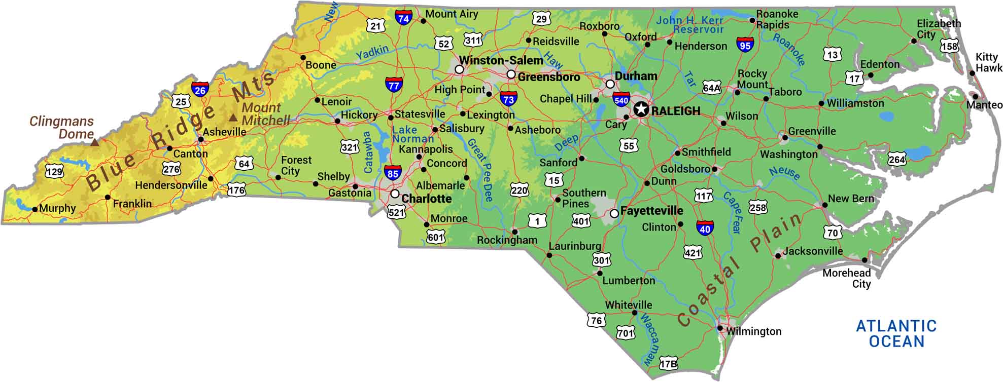 North Carolina Physical Map