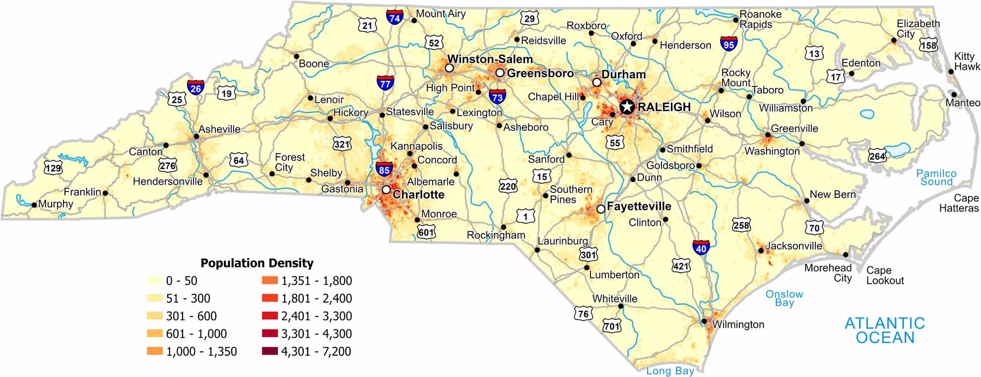 North Carolina Population Density Map