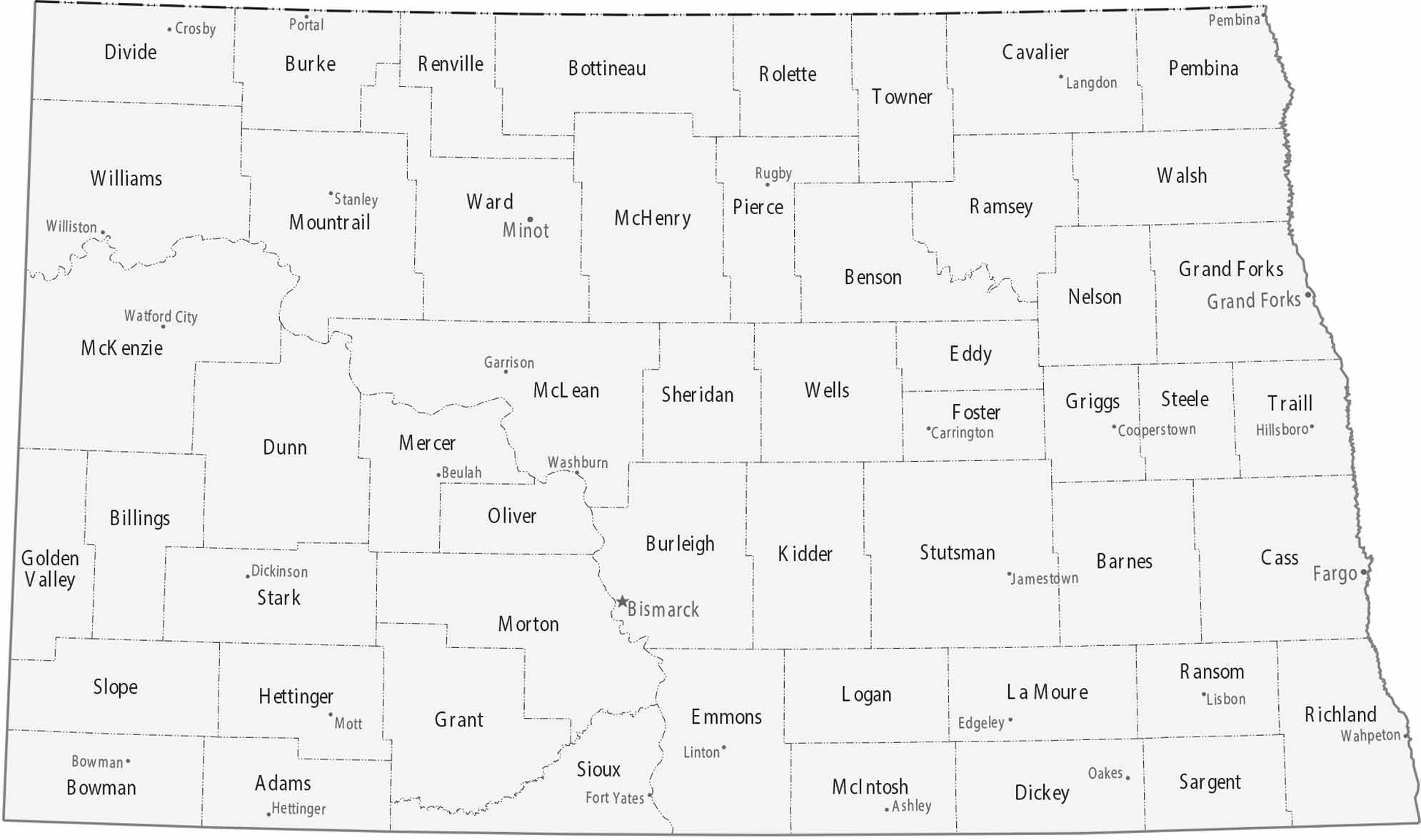 North Dakota Counties Cities Map
