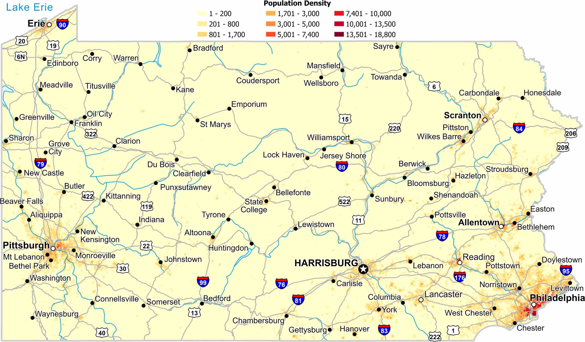 Pennsylvania Population Density Map