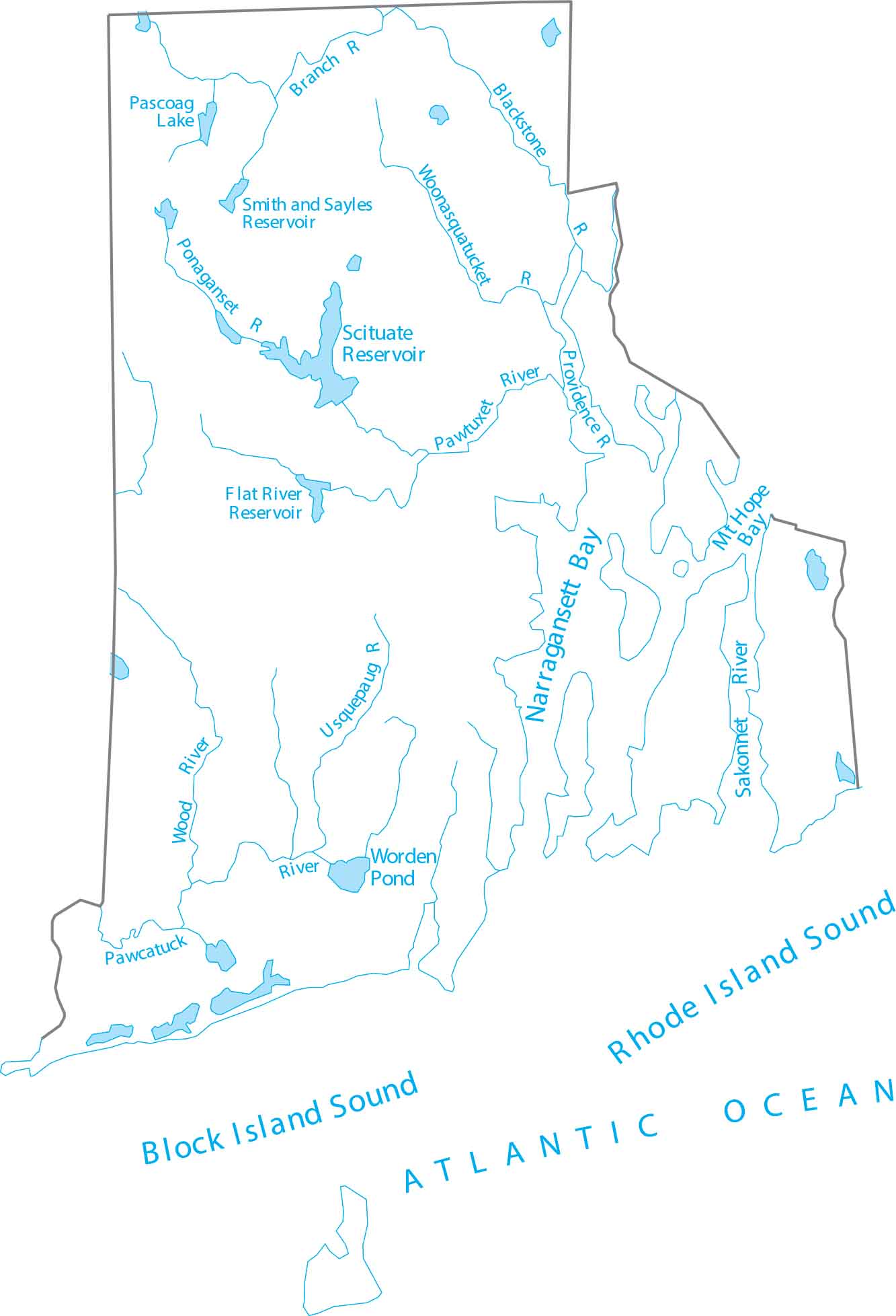 Rhode Island Lakes and Rivers Map