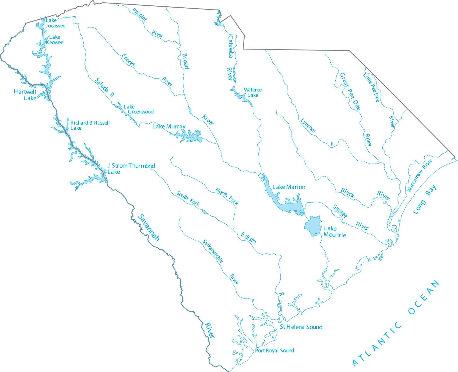 South Carolina Lakes and Rivers Map