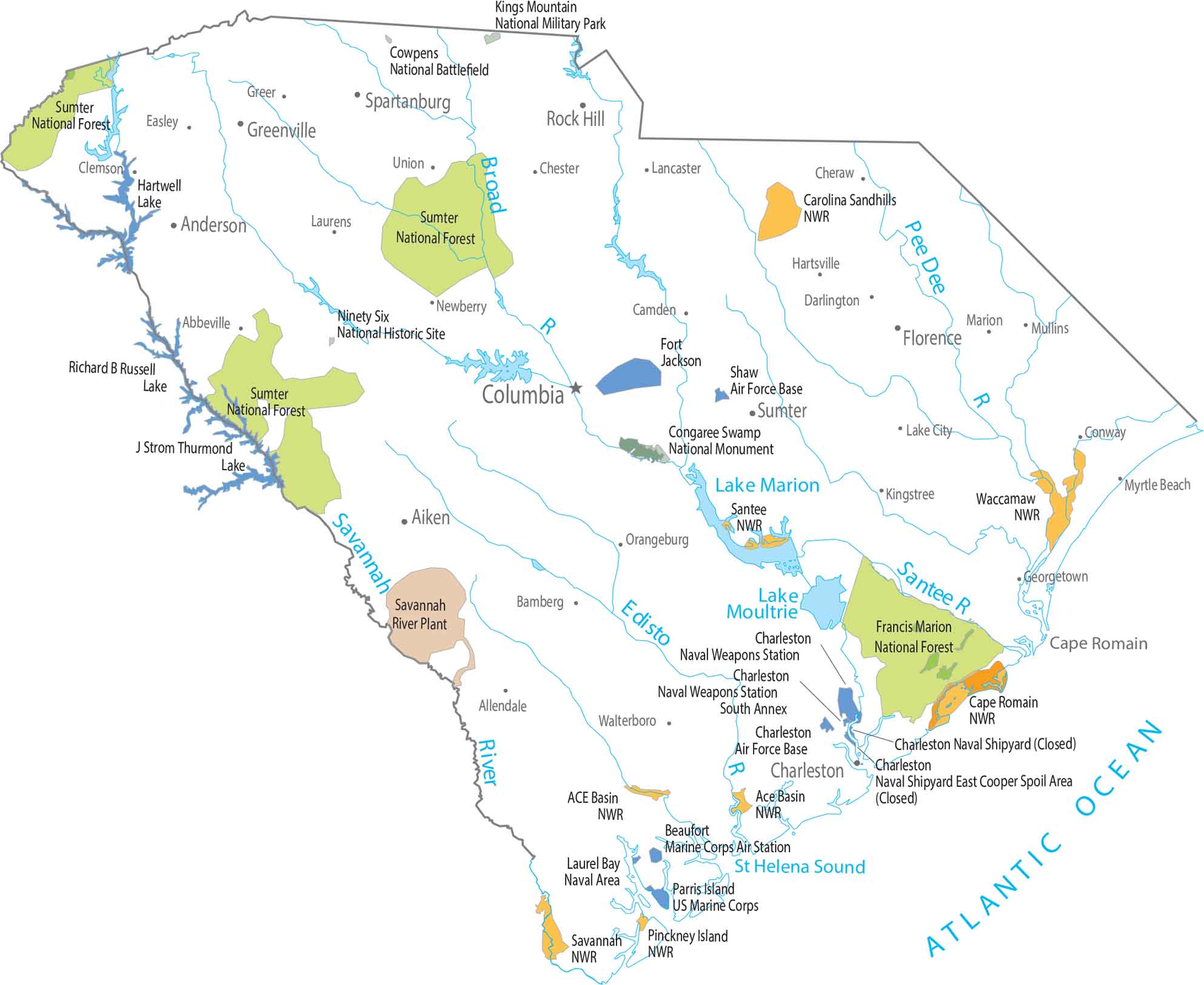 South Carolina National Parks and Forests Map