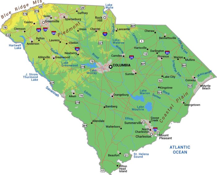 South Carolina Physical Map