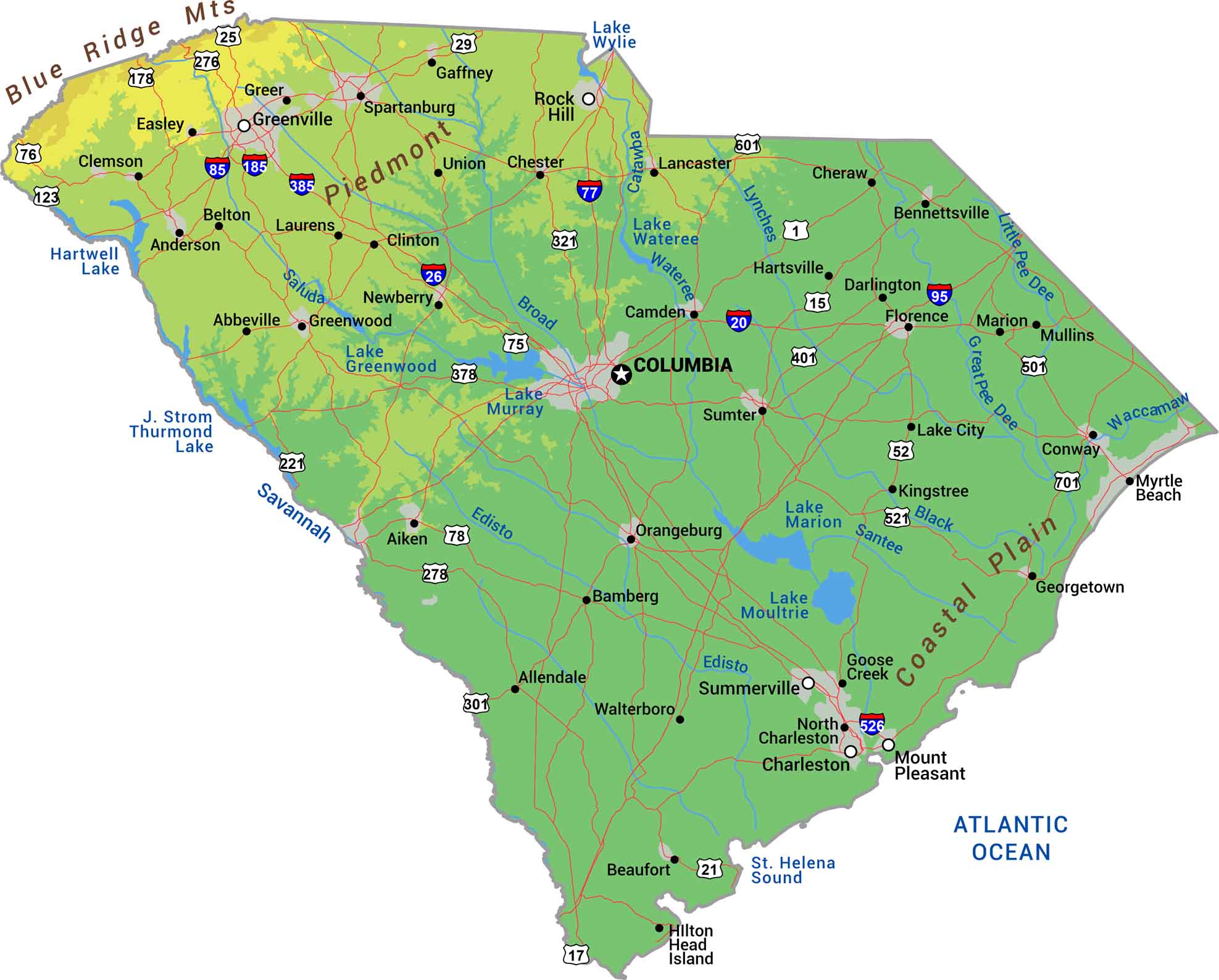 South Carolina Physical Map