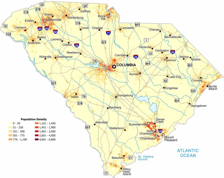 South Carolina Zip Code Map US Maps South Carolina Population Density Map 768x611 