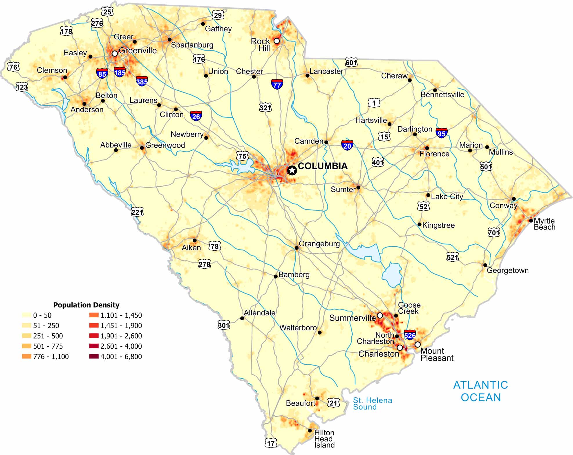 South Carolina Population Density Map