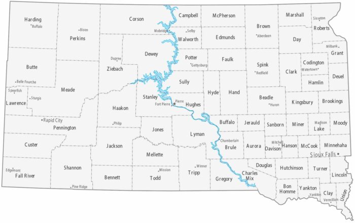 South Dakota Counties Cities Map