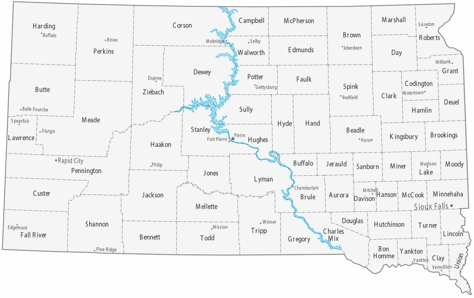 South Dakota Counties Cities Map