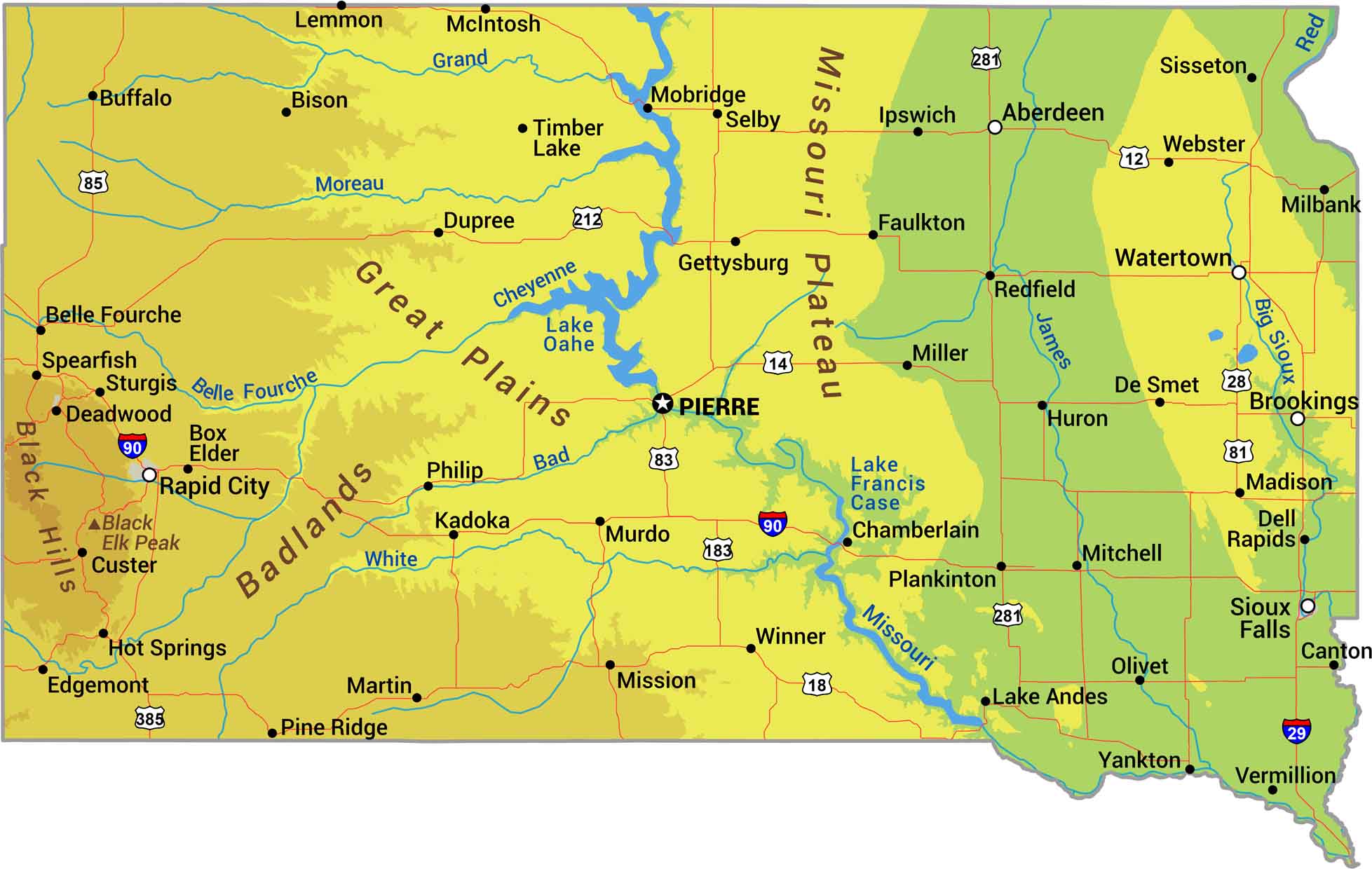 South Dakota Physical Map