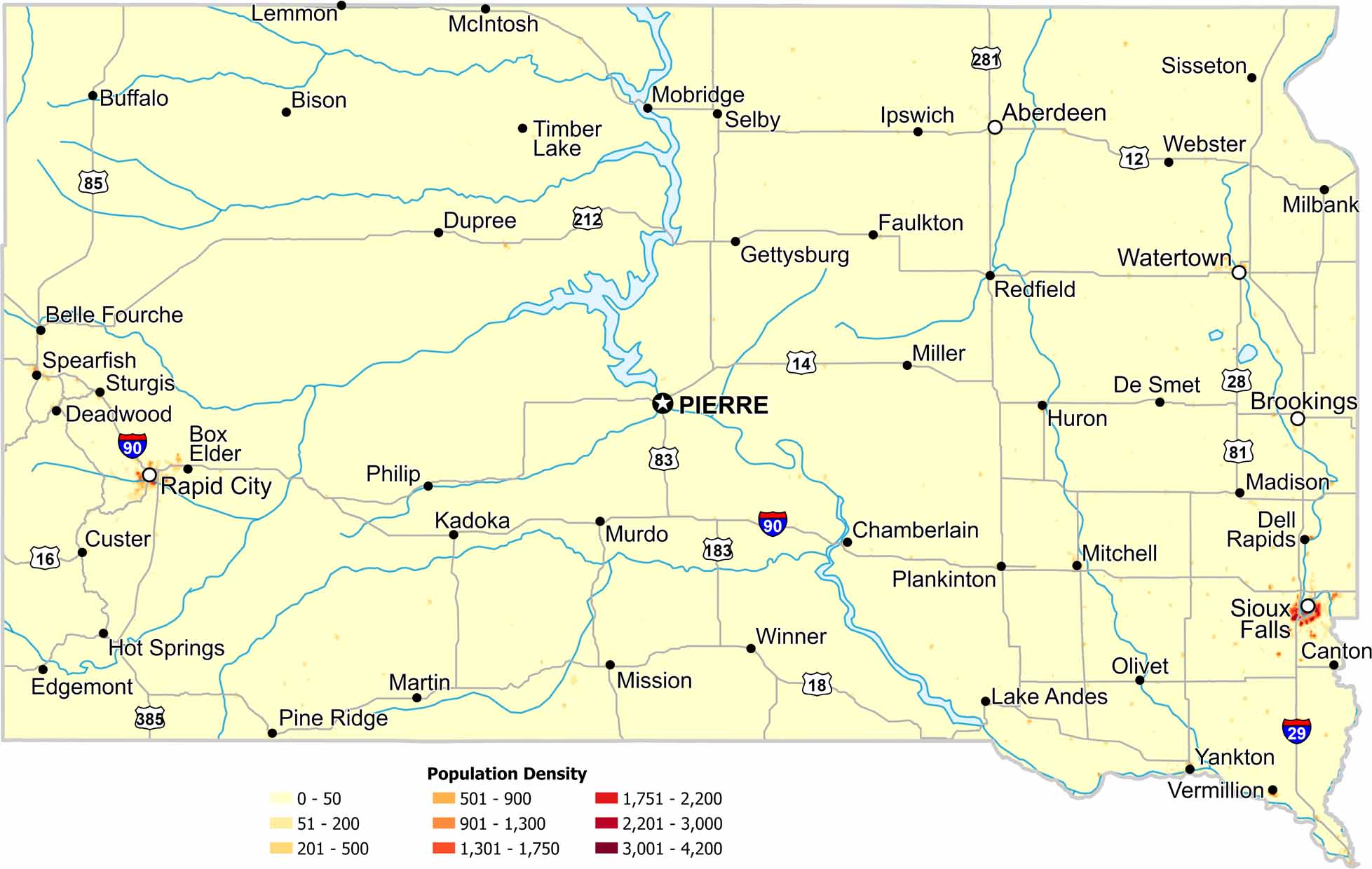 South Dakota Population Density Map