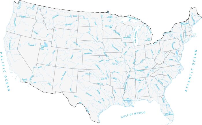 US Lakes and Rivers Map