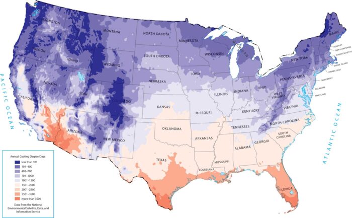 United States Mean Annual Cooling Degree Days Map