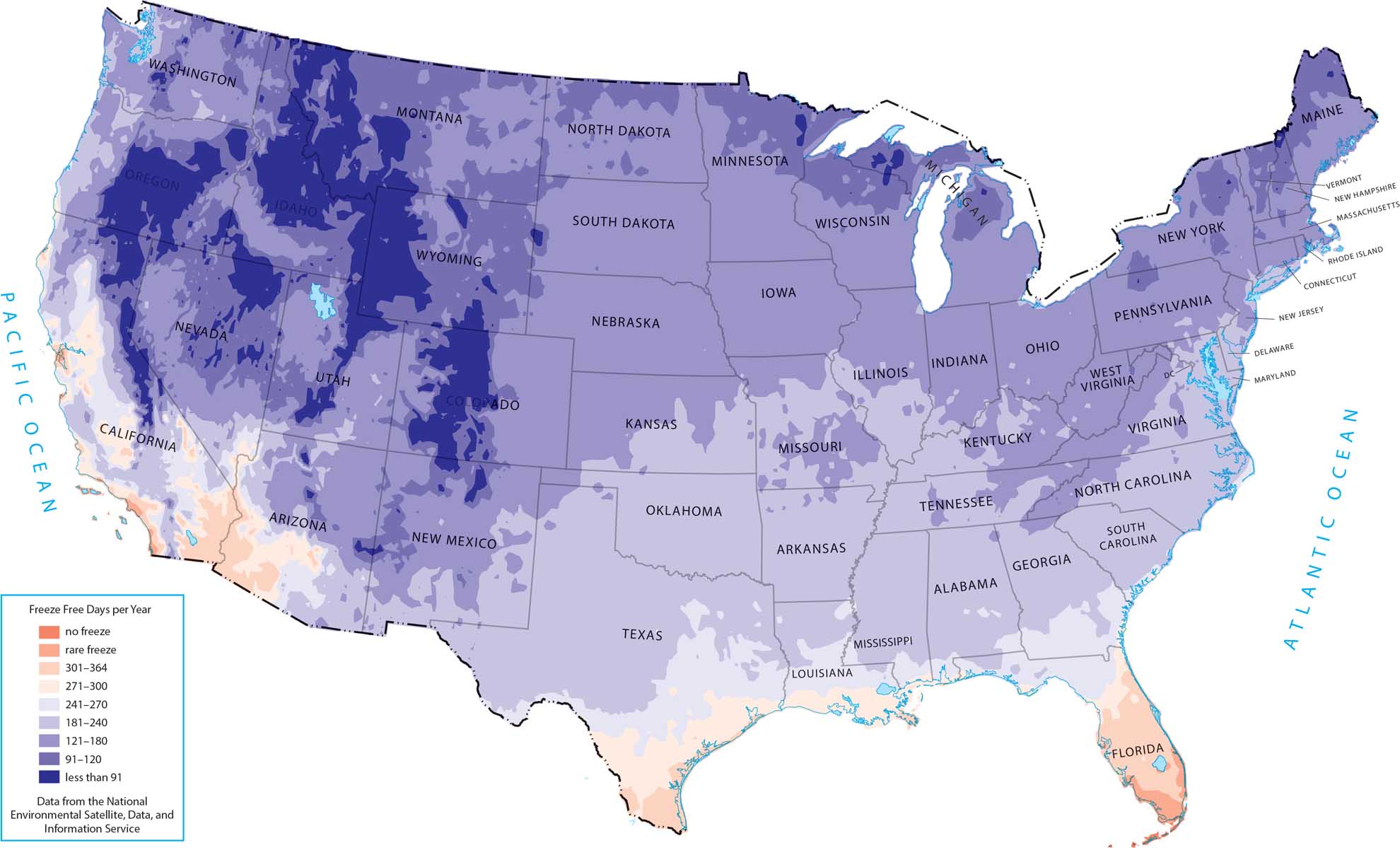 United States Mean Annual Length Freeze Free Period Map