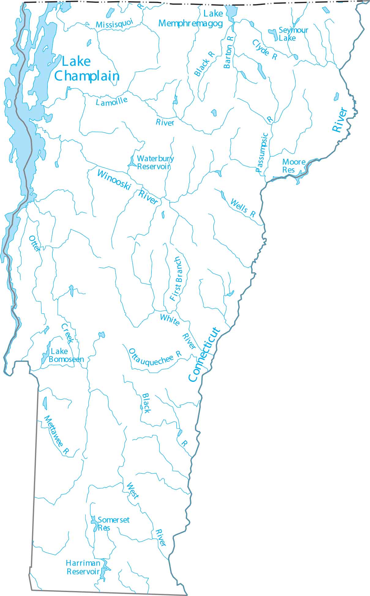 Vermont Lakes and Rivers Map