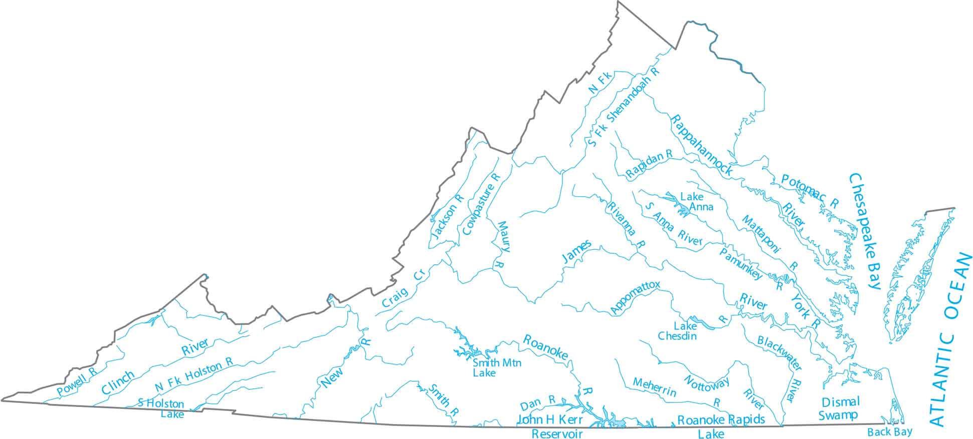 Virginia Lakes and Rivers Map