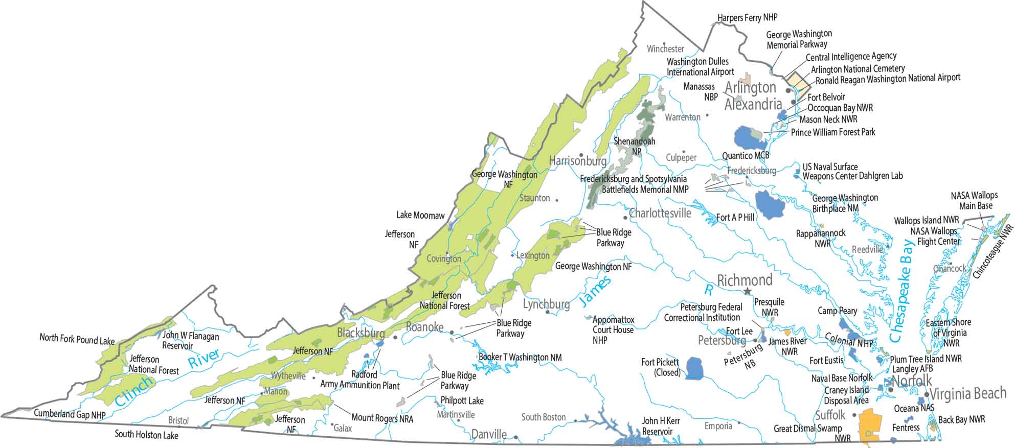 Virginia National Parks and Forests Map