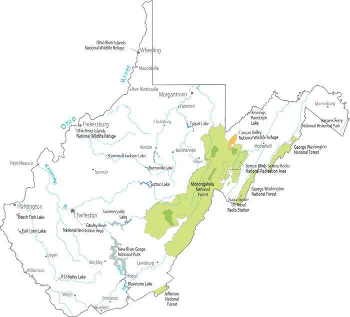 West Virginia National Parks and Forests Map