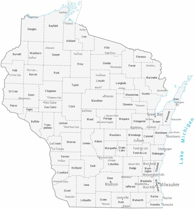 Wisconsin Counties Cities Map