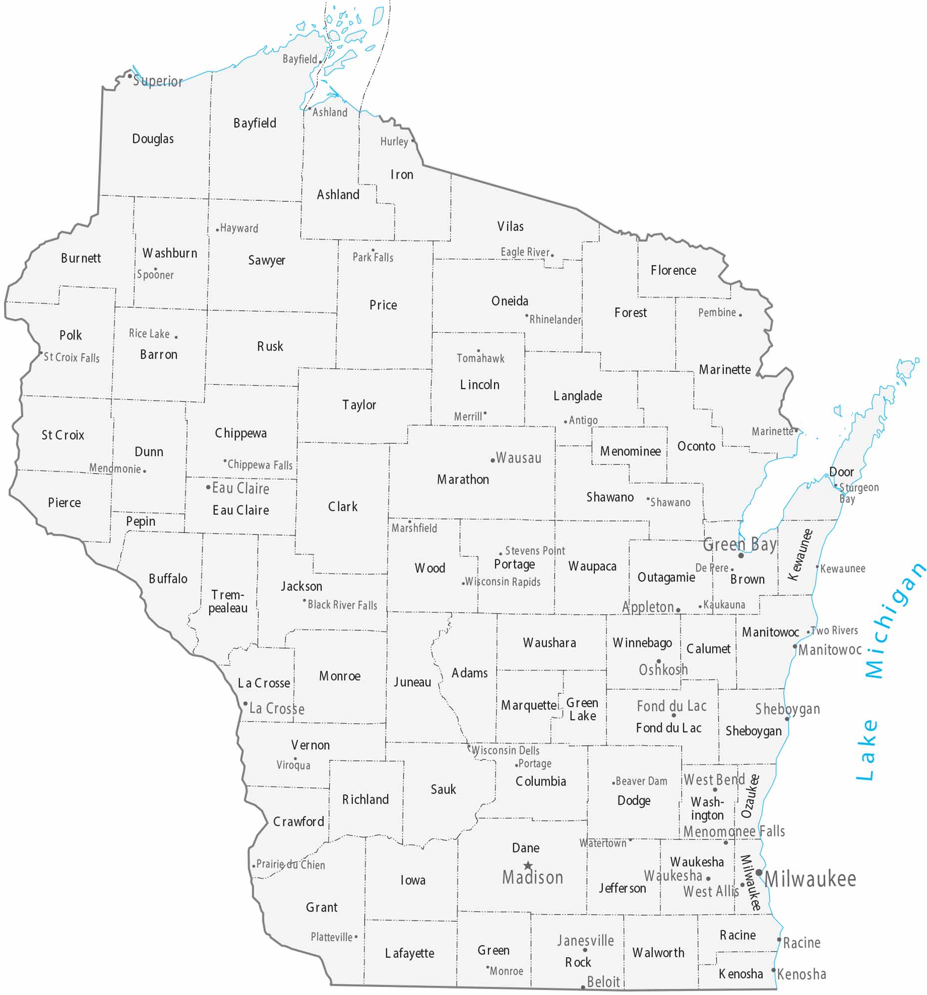 Wisconsin Counties Cities Map